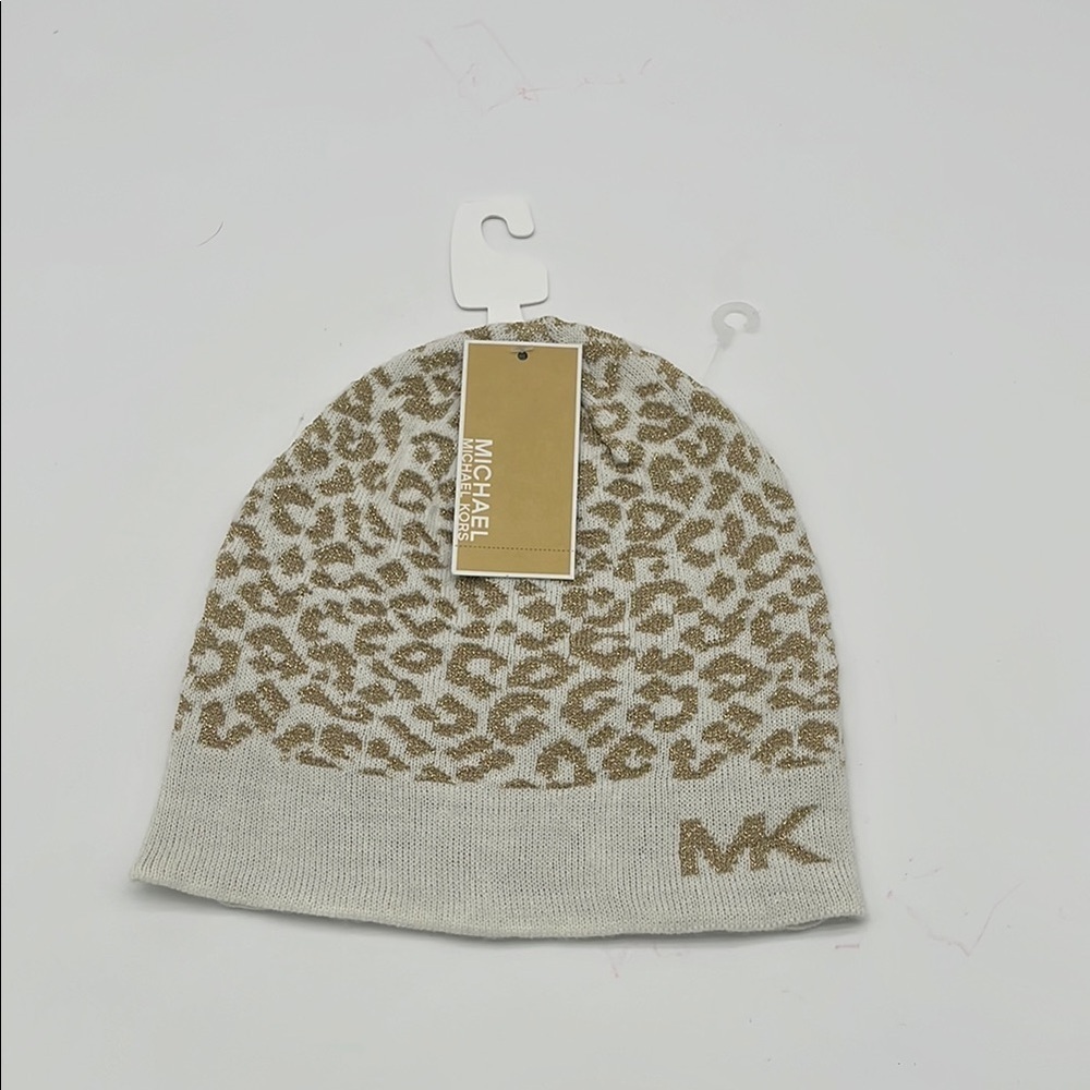 New Michael Michael Kors White Gold Leopard Beanie